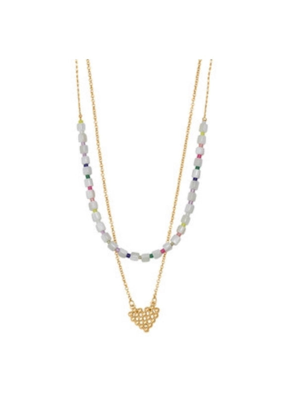 2 layer beaded and gold heart necklace