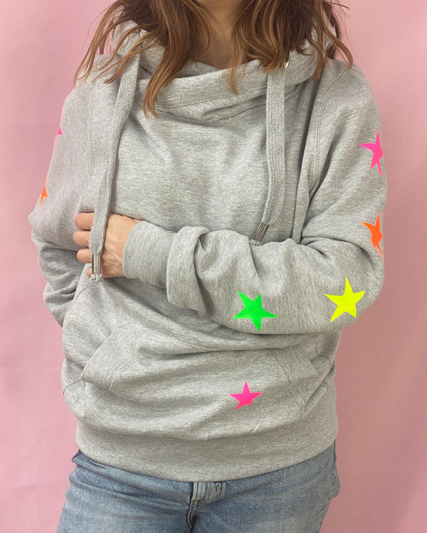 Multi Neon Star Sleeve cowl hoodie