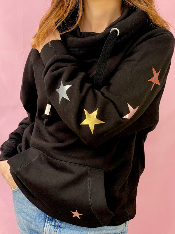 Multi Metallic Star Sleeve cowl hoodie