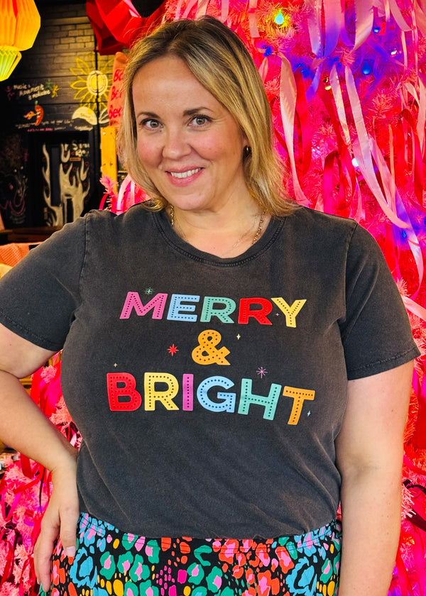 Christmas Black Dopamine MERRY & BRIGHT acid wash t shirt