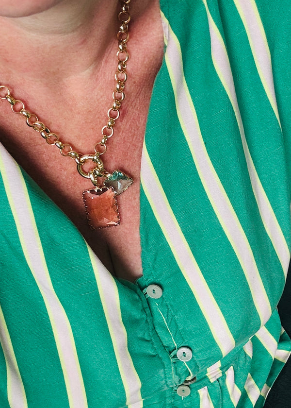 Glass baguette charm chunky gold belcher chain necklace