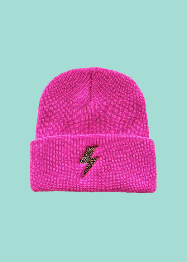 Bubblegum pink Leopard Bolt Flash beanie hat