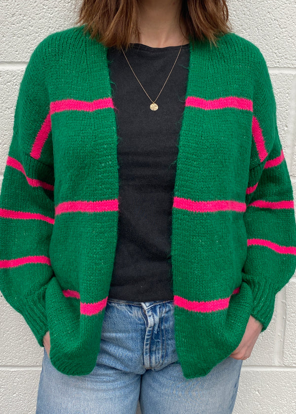 Kelly green with neon pink stripe cardigan