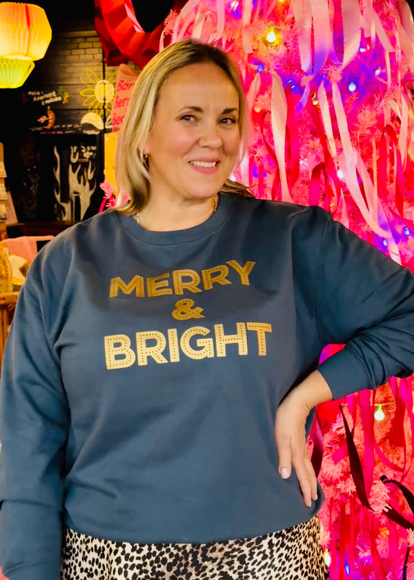 Christmas Airforce Blue & Gold MERRY & BRIGHT sweatshirt