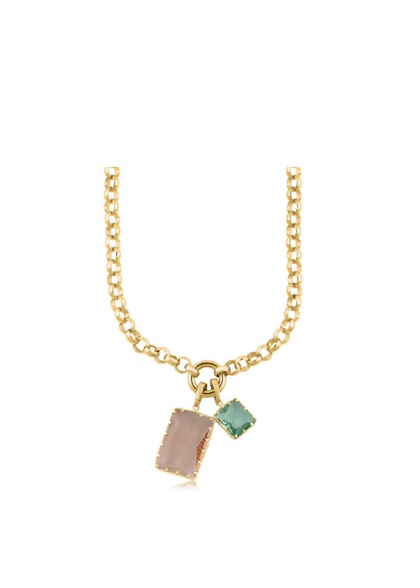 Glass baguette charm chunky gold belcher chain necklace