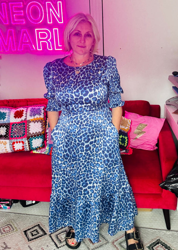 Blue Satin Leopard Print Dress