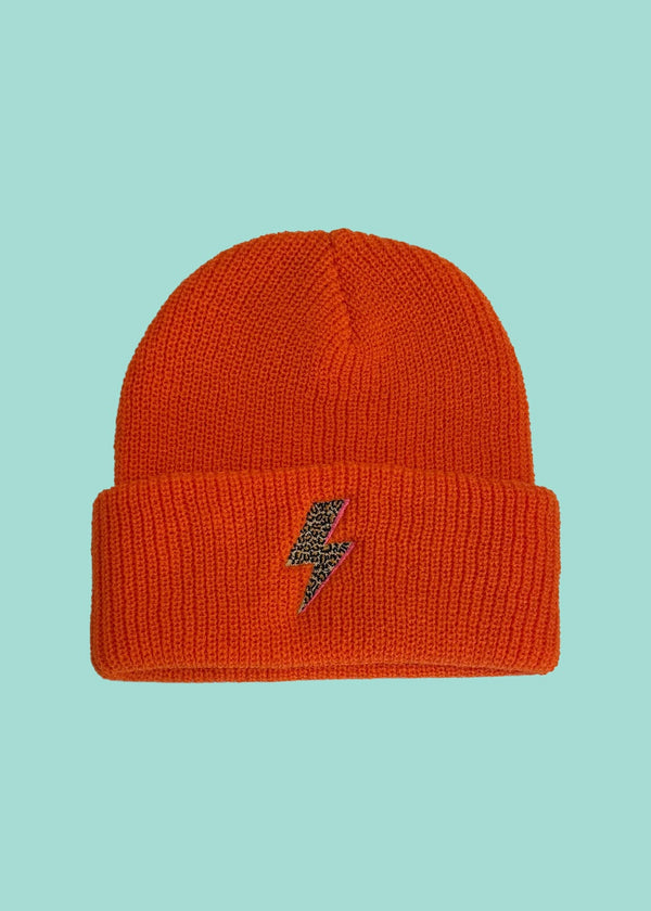 Orange Leopard Bolt Flash beanie hat