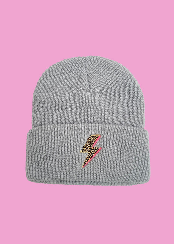 Dove grey Leopard Bolt Flash beanie hat