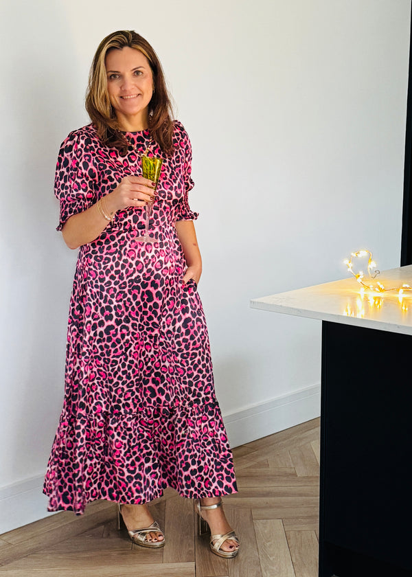 Pink Satin Leopard Print Dress