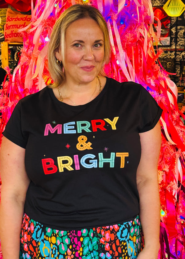 Christmas Black Dopamine MERRY & BRIGHT roll sleeve t shirt