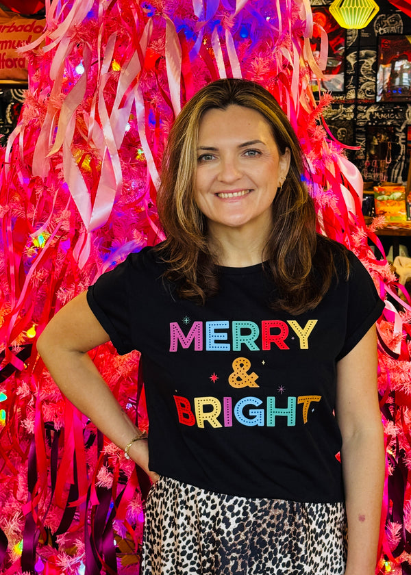 Christmas Black Dopamine MERRY & BRIGHT roll sleeve t shirt