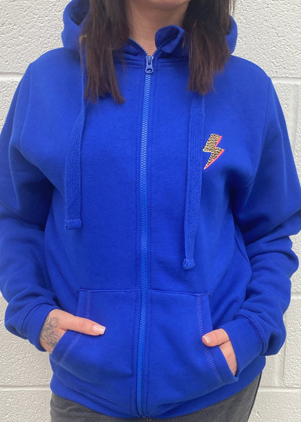 Electric Blue Leopard Bolt Flash Embroidered zip up hoodie