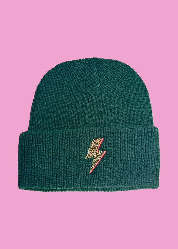 Bottle green Leopard Bolt Flash beanie hat