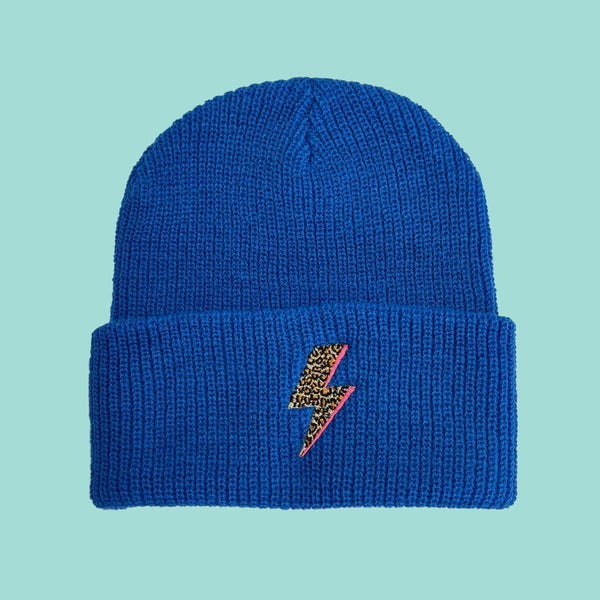 Azure Blue Leopard Bolt Flash beanie hat – Neon Marl