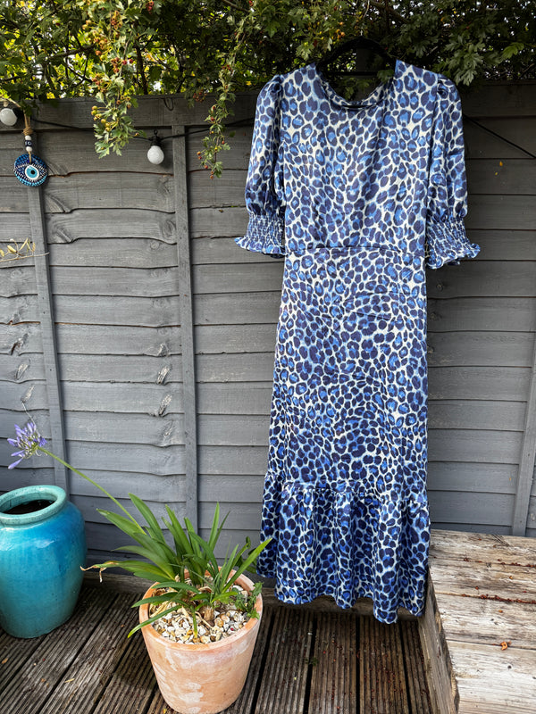Blue Satin Leopard Print Dress
