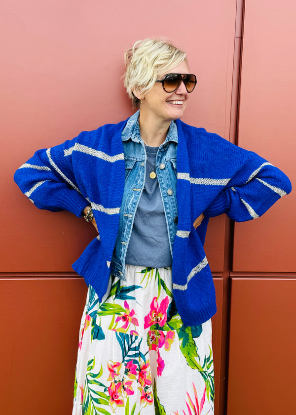 Electric blue with metallic gold stripe cardigan