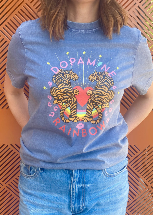 Washed denim Dopamine Rainbow graphic t shirt