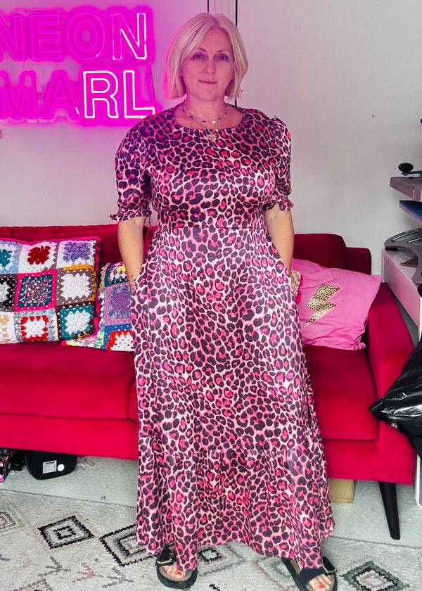 Pink Satin Leopard Print Dress