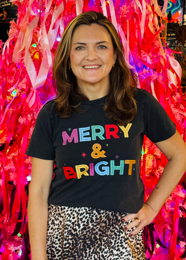 Christmas Black Dopamine MERRY & BRIGHT acid wash t shirt