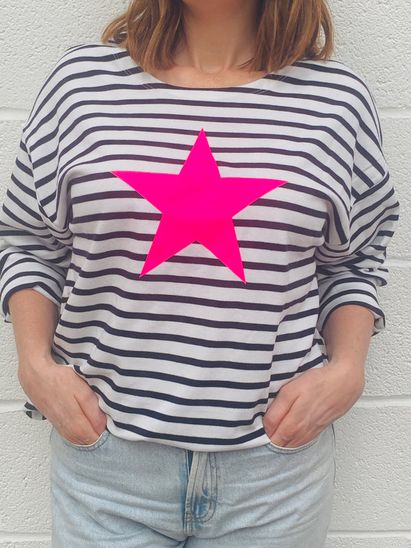 Loose fit Neon pink star Breton top