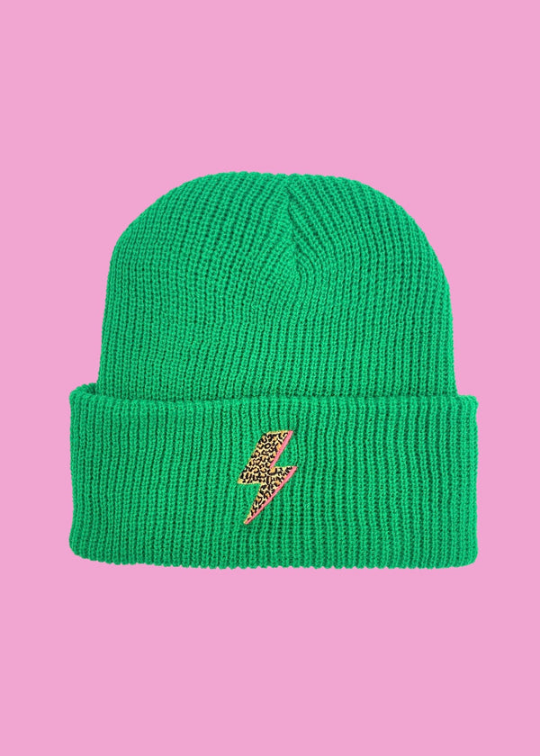 Kelly green Leopard Bolt Flash beanie hat