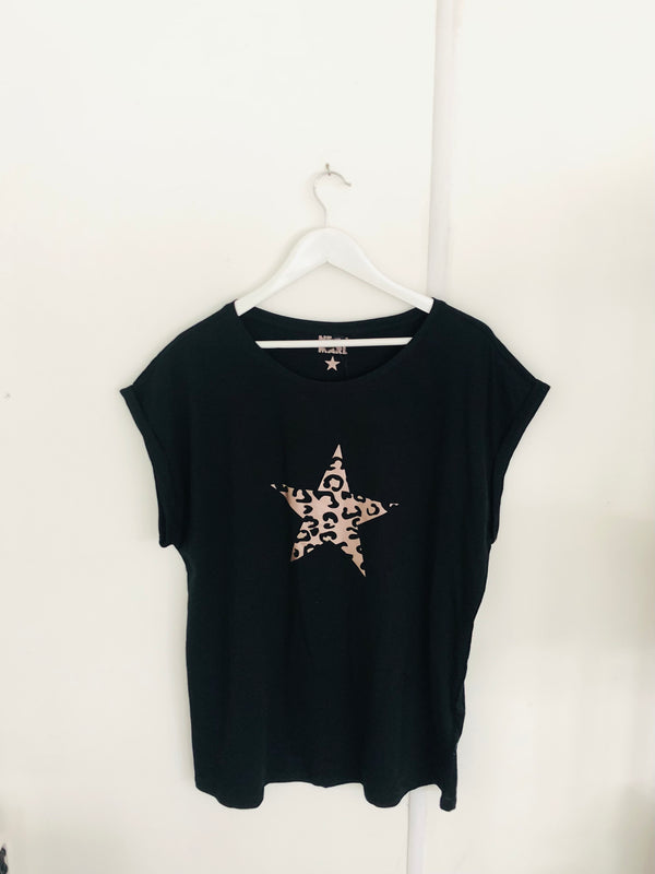 Item 187 Black ROSE GOLD LEOPARD STAR T-Shirt Size XXL