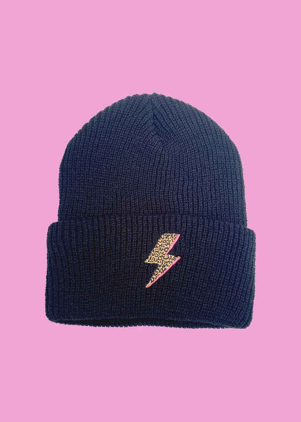 Black Leopard Bolt Flash beanie hat