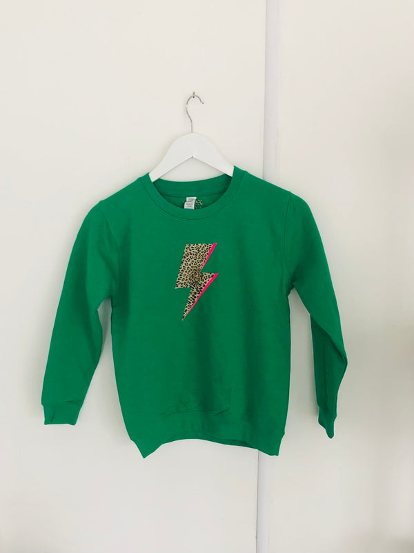 Item 86 Kelly Green LEOPARD BOLT FLASH Sweat Age 9-11