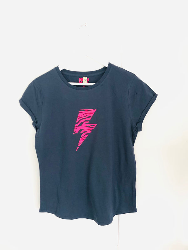 Item 75 Navy NEON PINK ZEBRA BOLT T-Shirt Size M