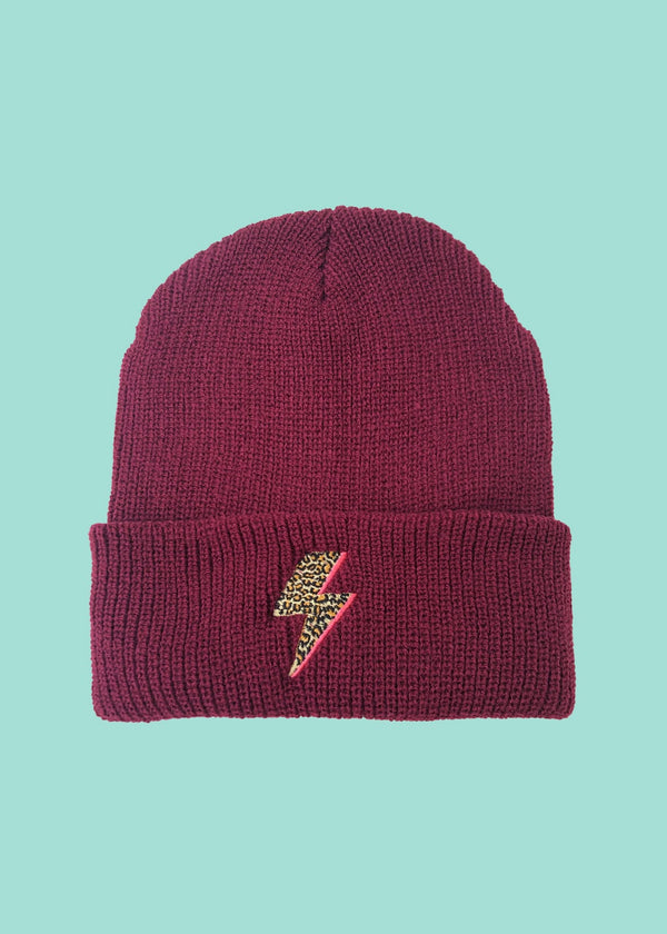 Burgundy Leopard Bolt Flash Beanie Hat