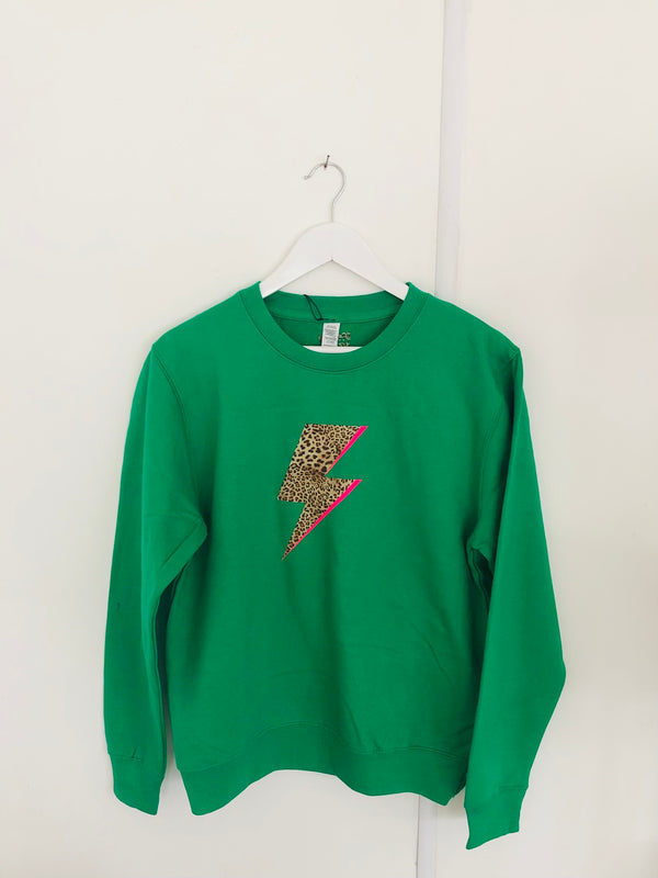 Item 205 Kelly Green LEOPARD BOLT FLASH Sweat Size S
