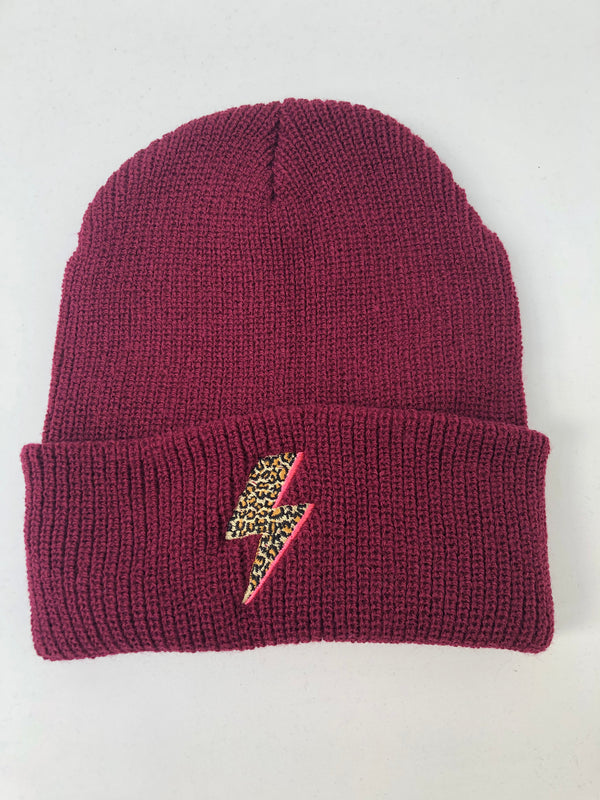 Burgundy Leopard Bolt Flash Beanie Hat