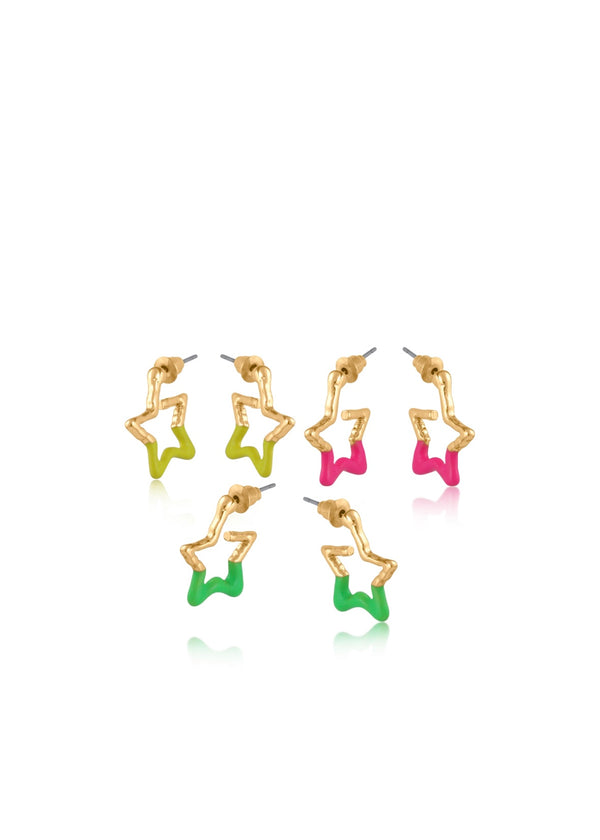Gold & Neon Star small hoop earrings 3 pairs
