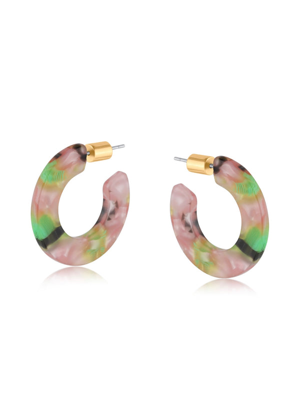Pink & Green Tortoiseshell Resin small hoop Earrings