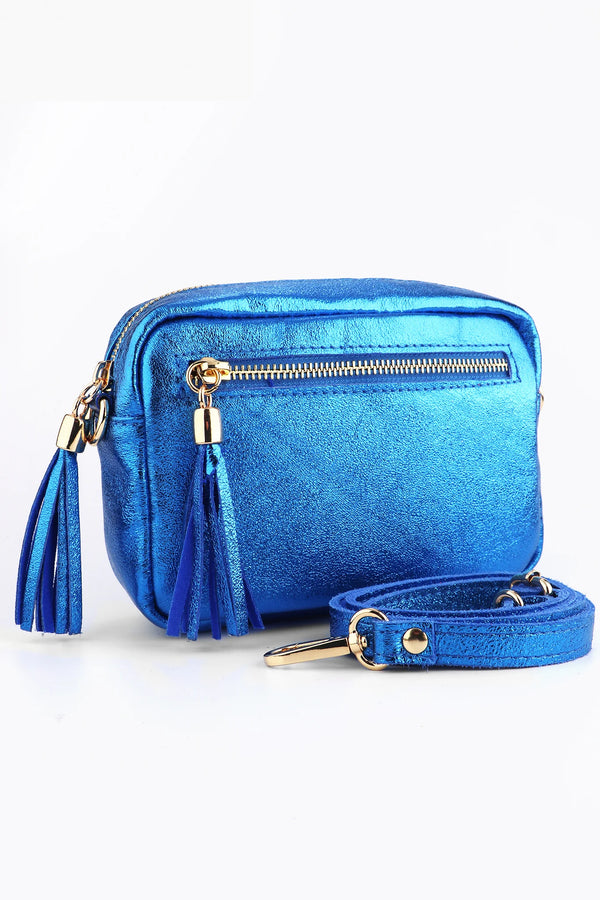 Metallic blue leather camera crossbody bag