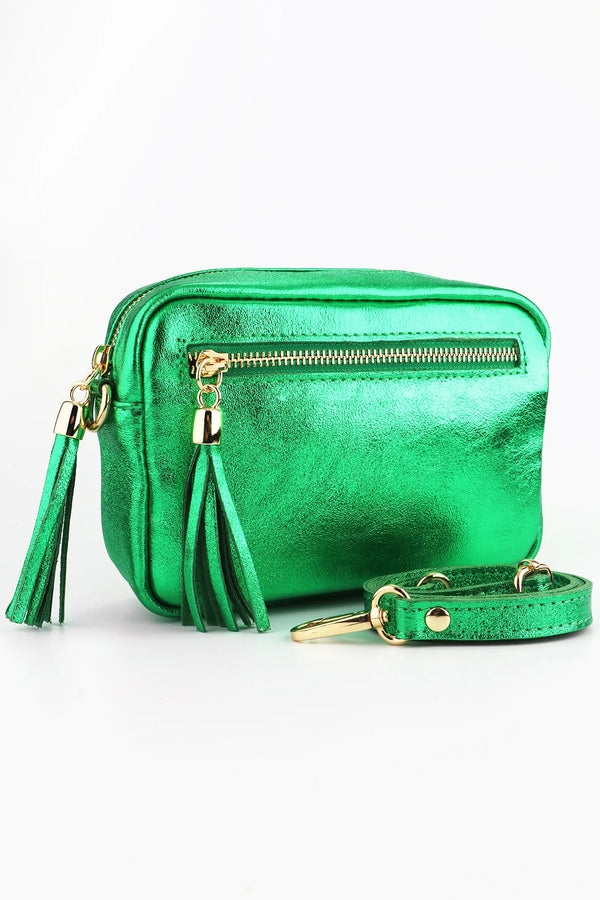 Metallic green leather camera crossbody bag