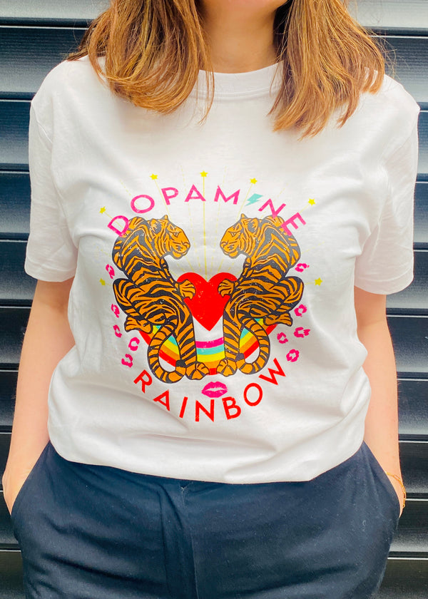 White Dopamine Rainbow graphic t shirt