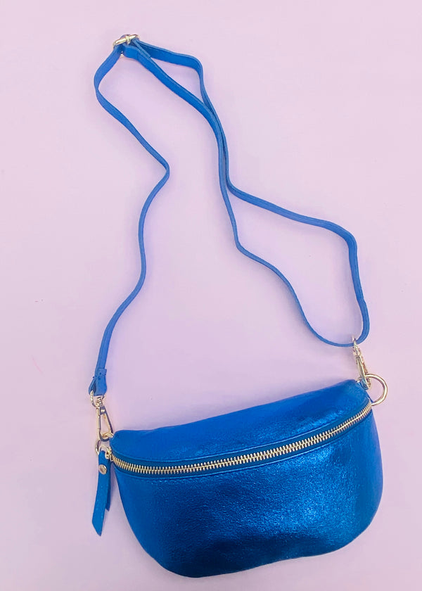 Metallic Royal Blue leather small halfmoon bag