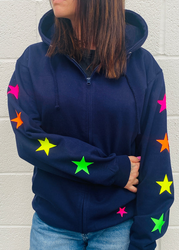 Multi Neon Star Sleeve zip up hoodie