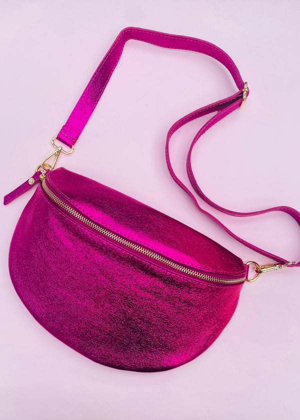 Metallic pink leather large halfmoon bag