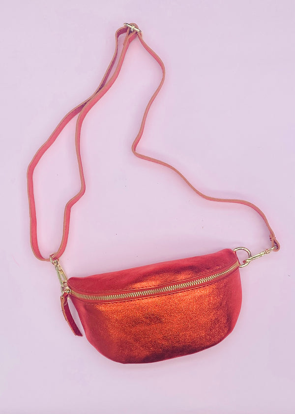 Metallic Orange leather small halfmoon bag