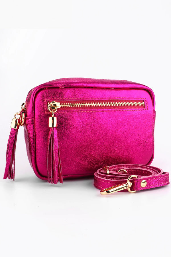 Metallic pink leather camera crossbody bag