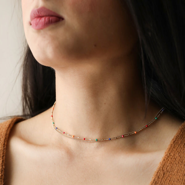 Rainbow bead double gold necklace