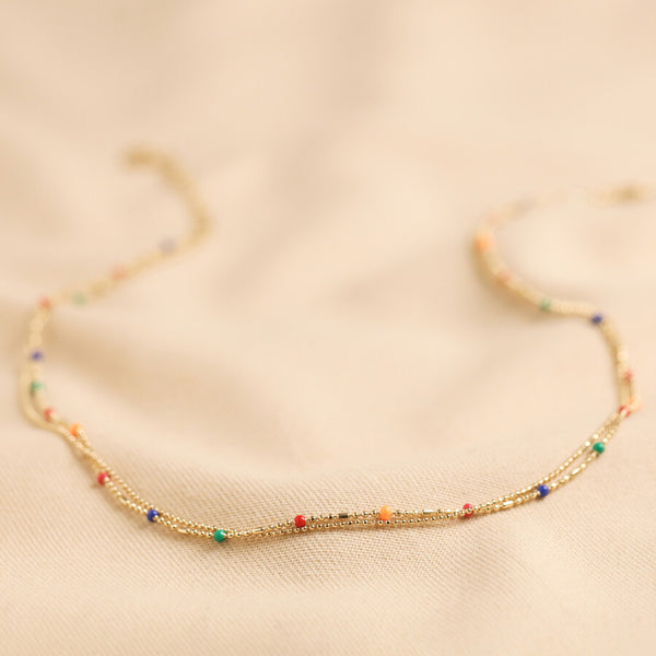 Rainbow bead double gold necklace