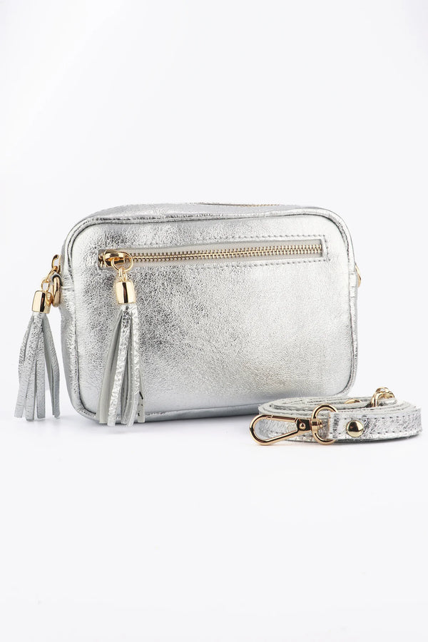 Metallic silver leather camera crossbody bag