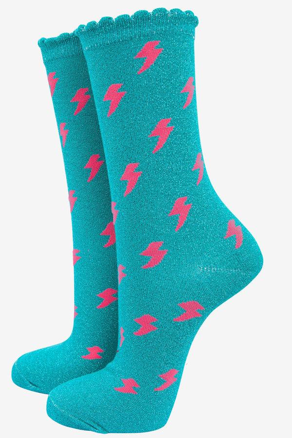 Turquoise glitter with pink bolt socks