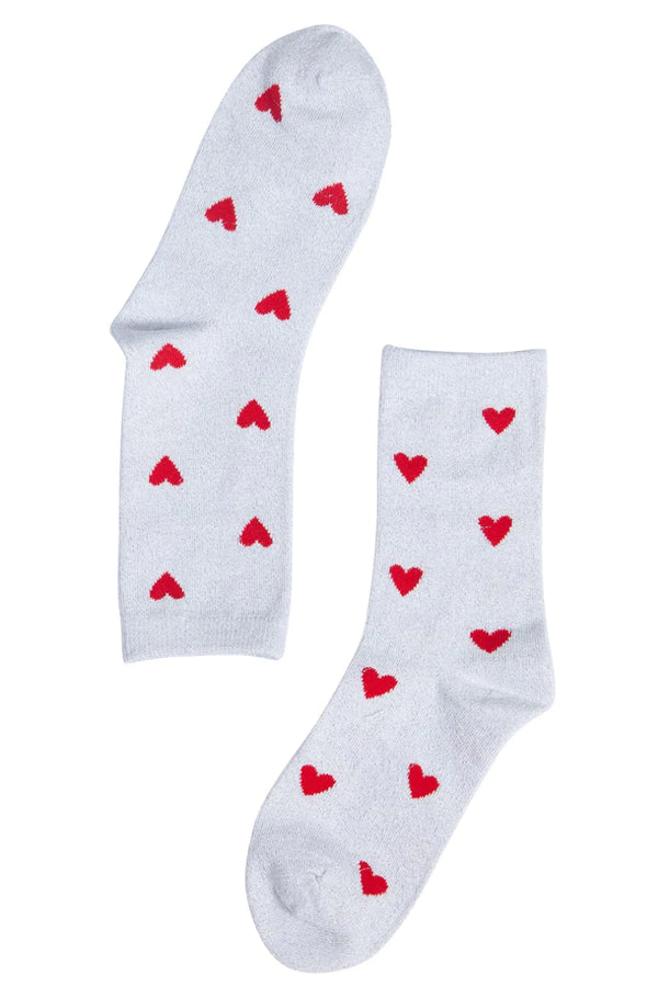 White lurex red heart socks