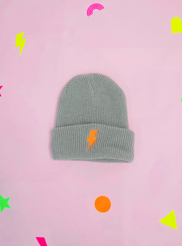 Dove Grey Neon orange Bolt beanie hat