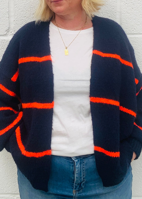 Navy with neon orange stripe cardigan